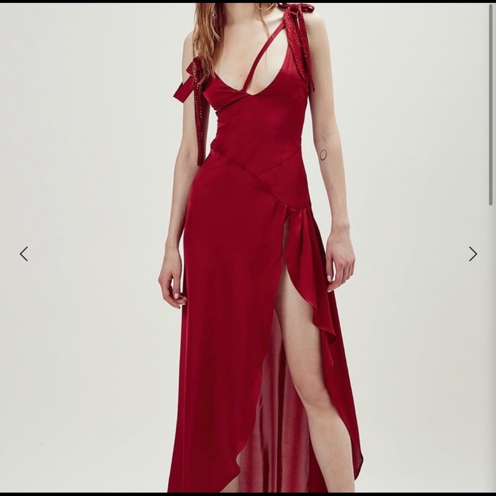 For Love & Lemons Red Silk Bias Slip Dress with Side Slit